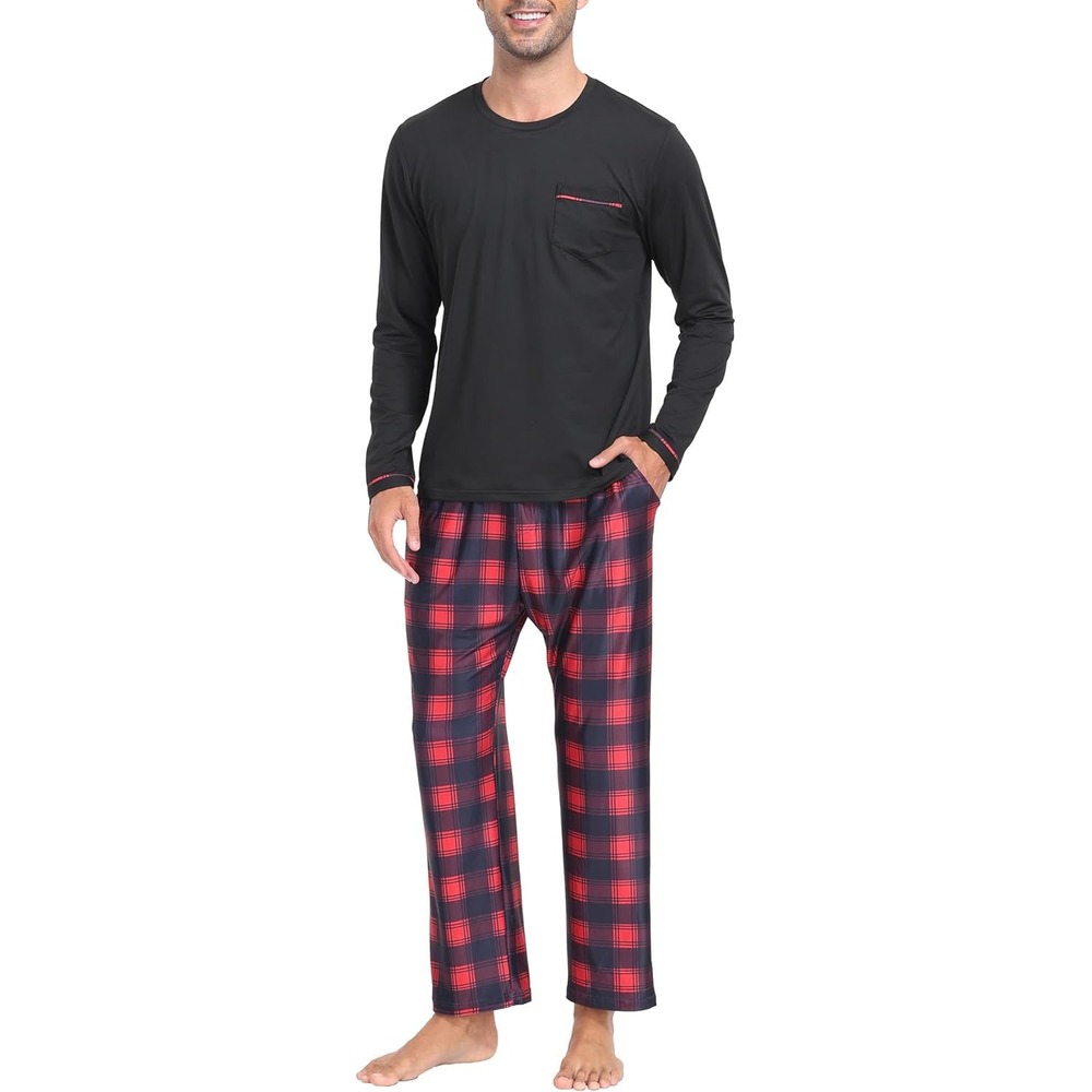 MoFiz Mens Pajama Set Black Long Sleeve Top Red Plaid Pants 3XL